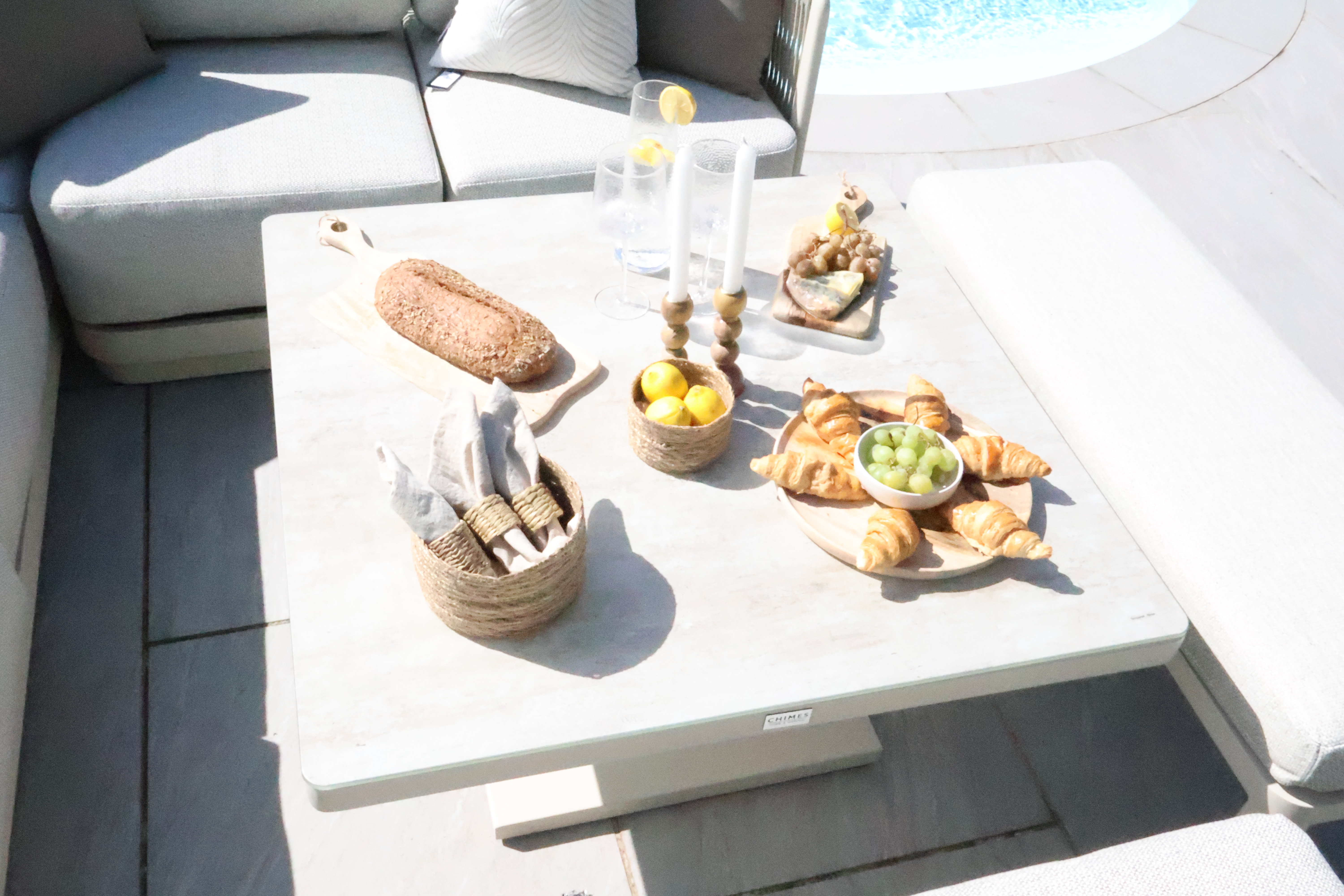 Chimes - Portofino Aluminium & Rope Compact Corner Dining Set With Rising Table - Cream